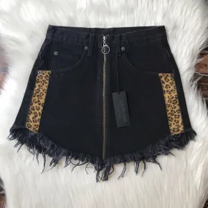 Carmar Los Angeles Beatrice Leopard Denim Mini Skirt Size 25 Fringe Hem Zipper