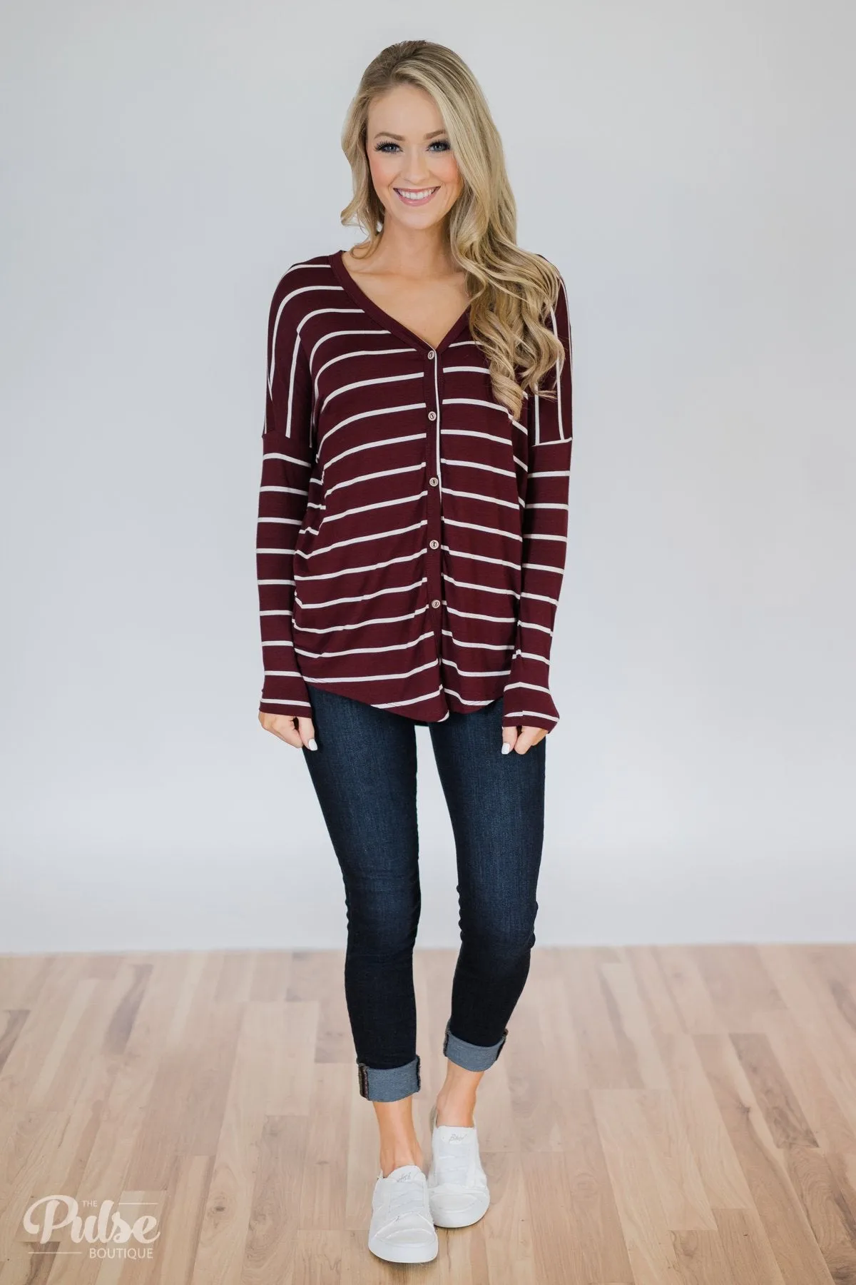 Caught Up to You Long Sleeve Striped Top- Burgundy