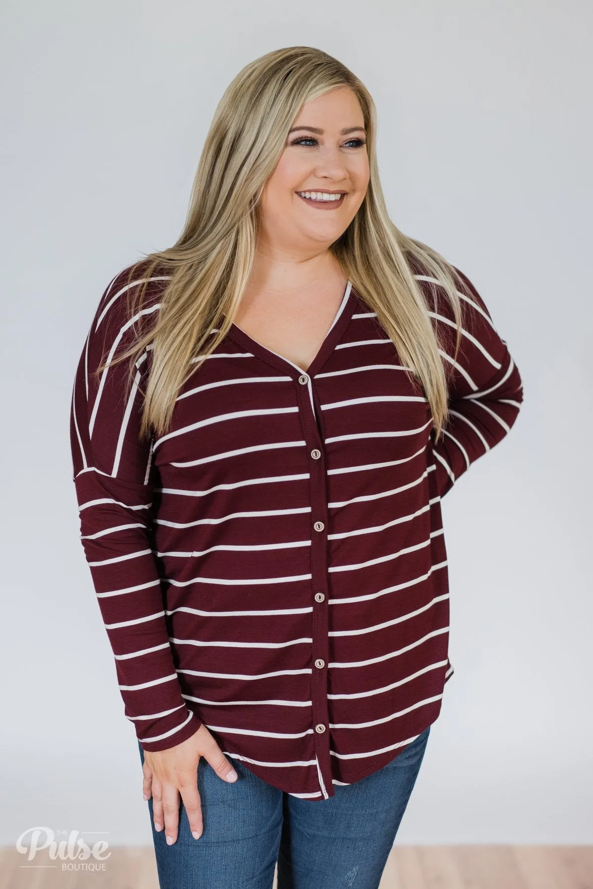 Caught Up to You Long Sleeve Striped Top- Burgundy