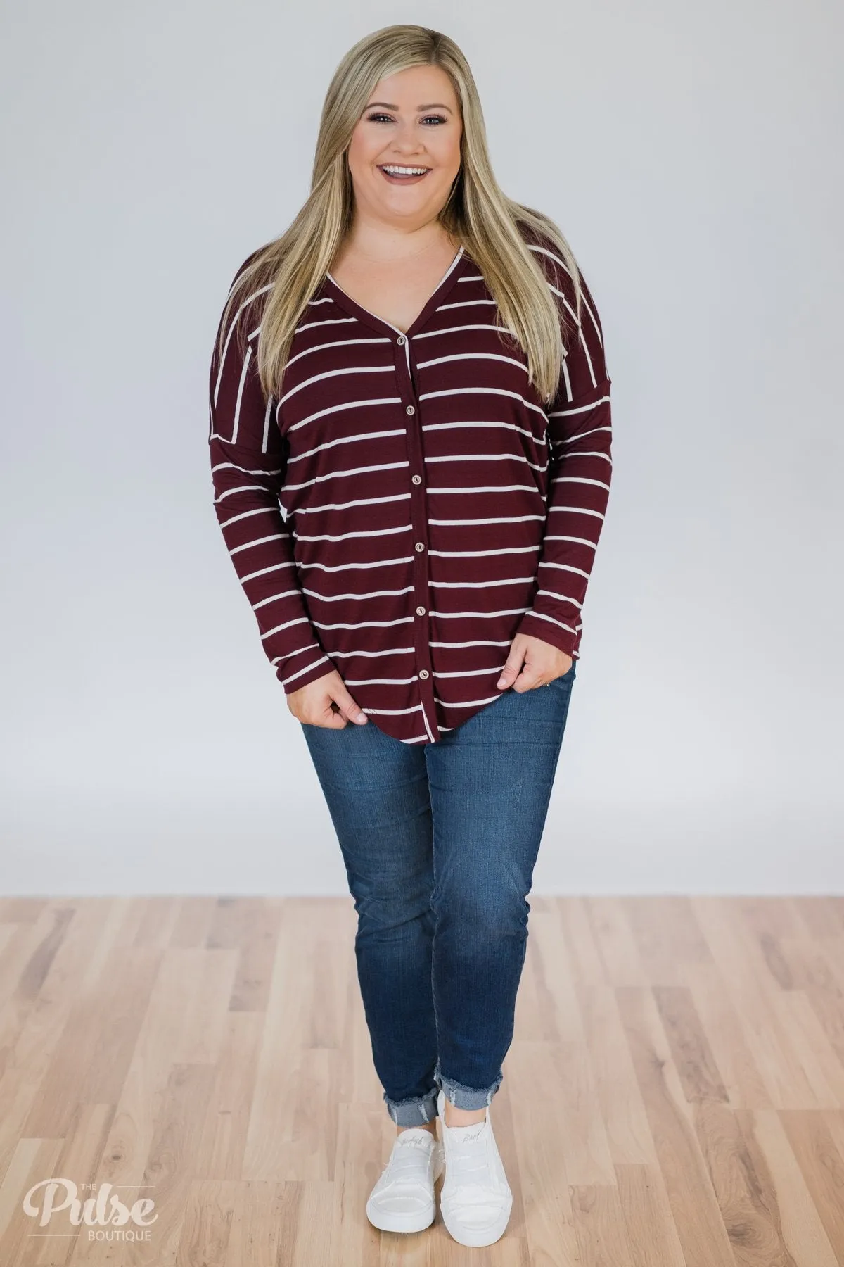 Caught Up to You Long Sleeve Striped Top- Burgundy