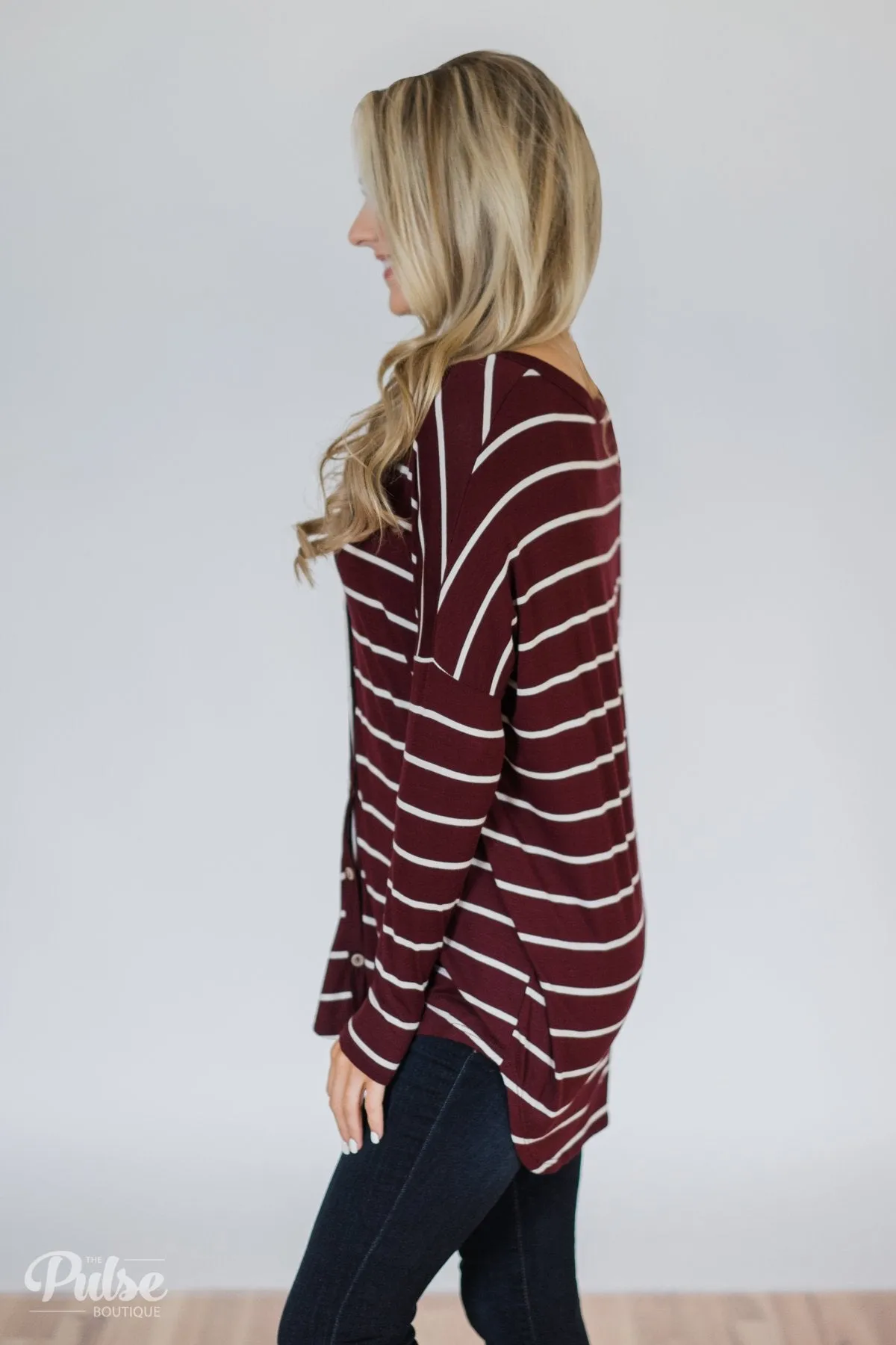 Caught Up to You Long Sleeve Striped Top- Burgundy