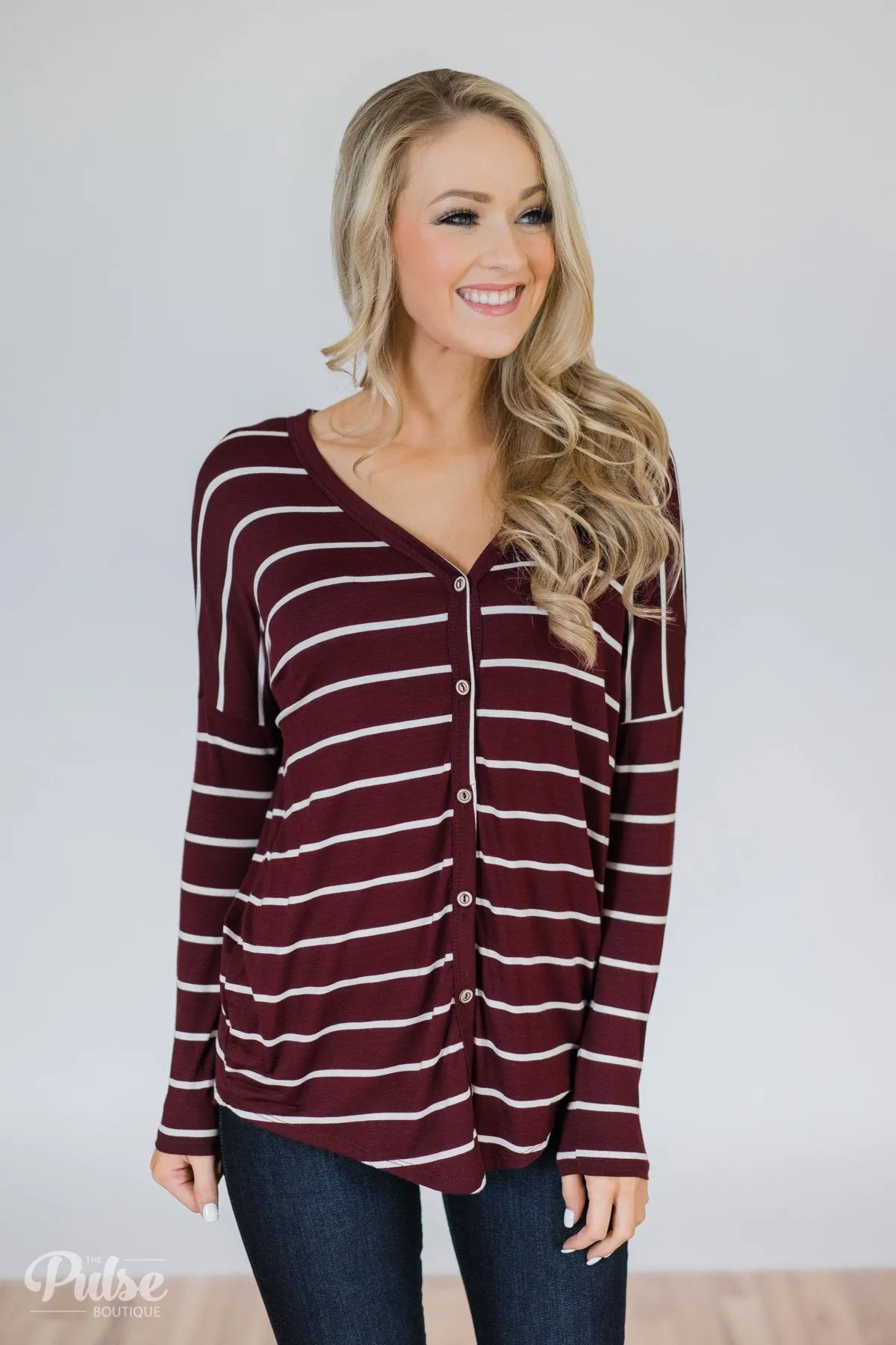 Caught Up to You Long Sleeve Striped Top- Burgundy