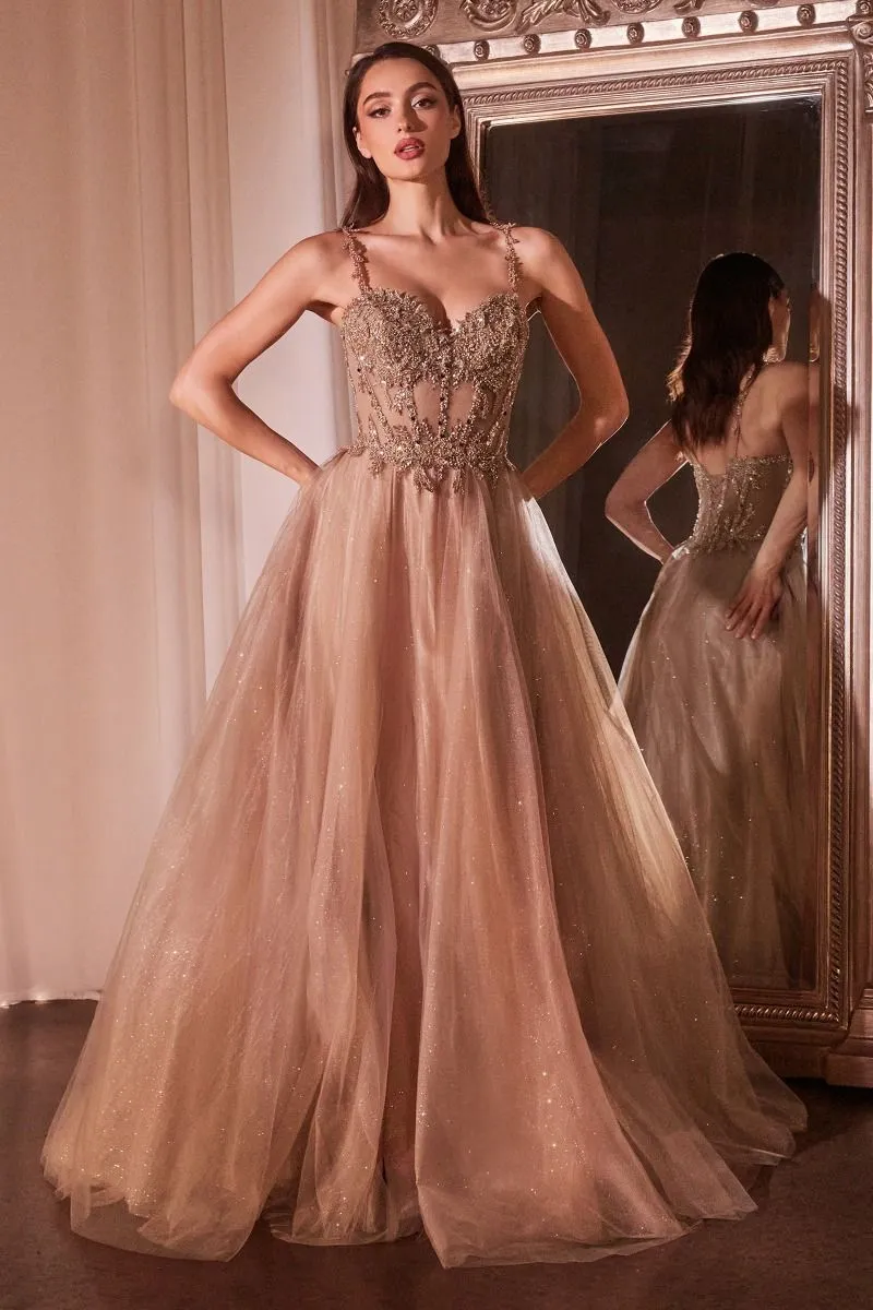 CD CD0234 - Lace Embellished A-Line Prom Gown with Sheer Bodice & Leg Slit