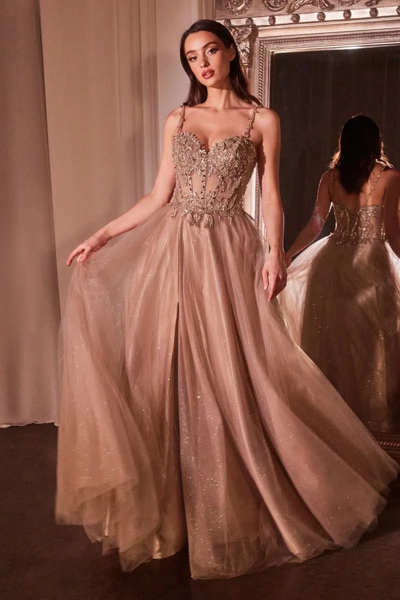 CD CD0234 - Lace Embellished A-Line Prom Gown with Sheer Bodice & Leg Slit