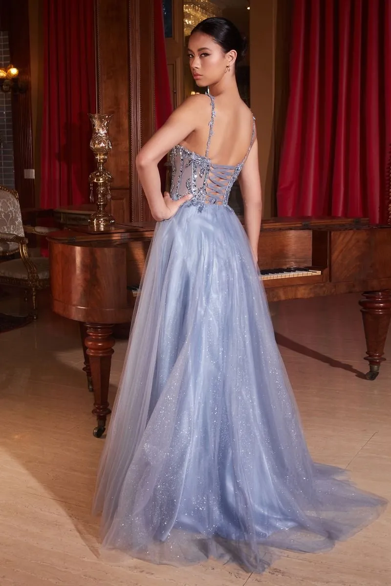 CD CD0234 - Lace Embellished A-Line Prom Gown with Sheer Bodice & Leg Slit