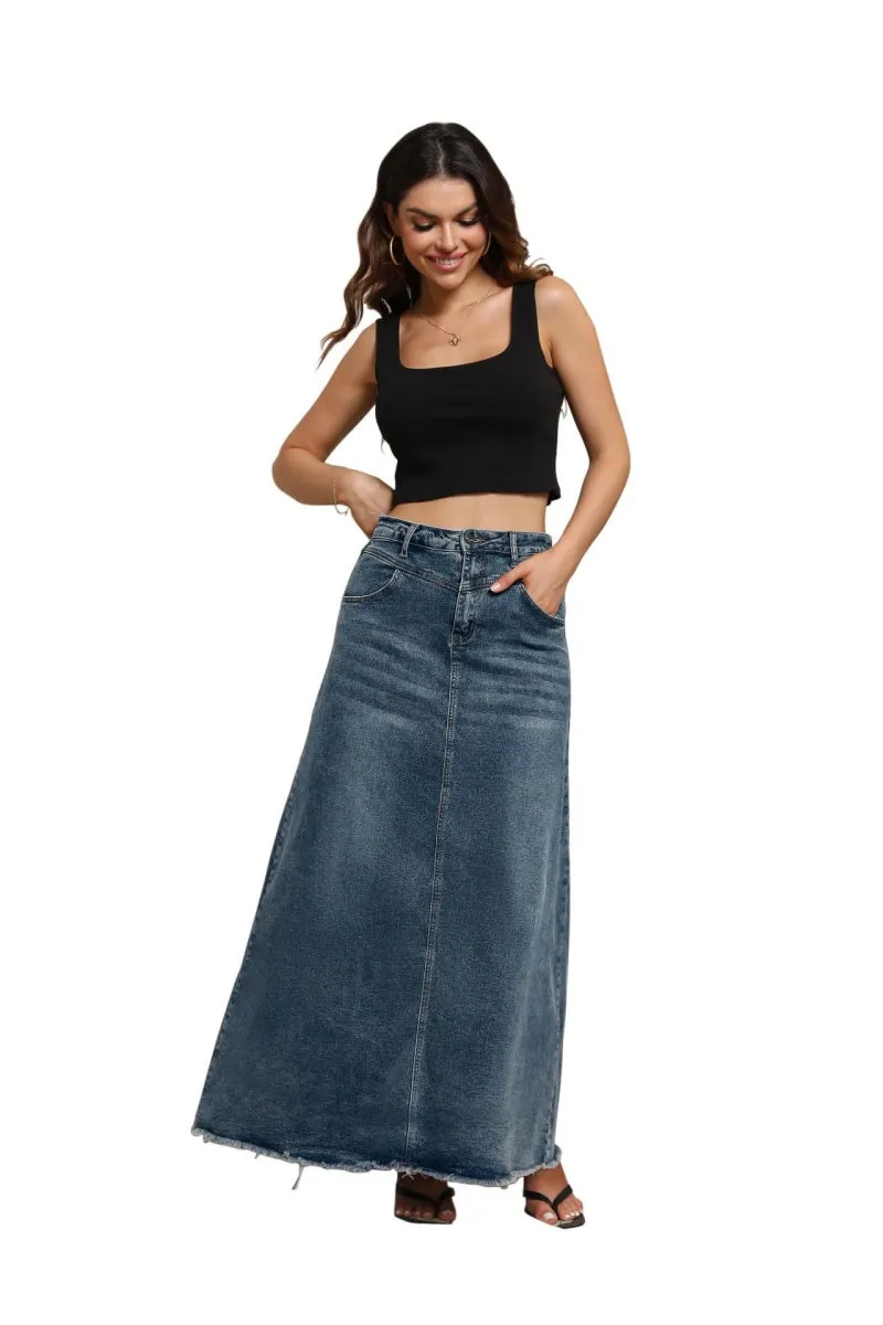 Chouyatou Women Vintage Denim Maxi Skirt Frayed Raw Hem High Waist A-Line Long Jean Skirt