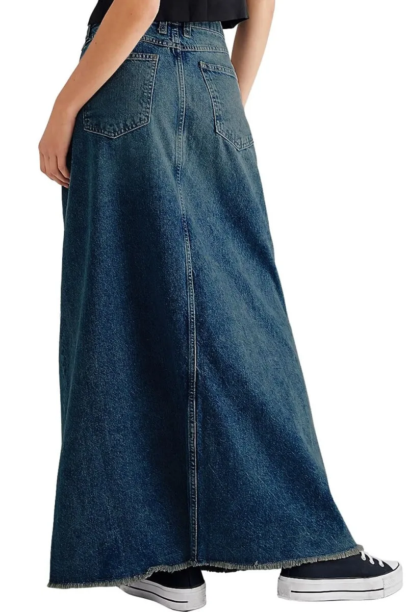 Chouyatou Women Vintage Denim Maxi Skirt Frayed Raw Hem High Waist A-Line Long Jean Skirt