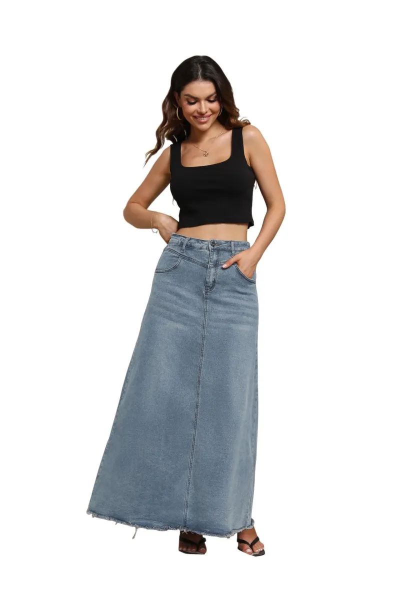 Chouyatou Women Vintage Denim Maxi Skirt Frayed Raw Hem High Waist A-Line Long Jean Skirt