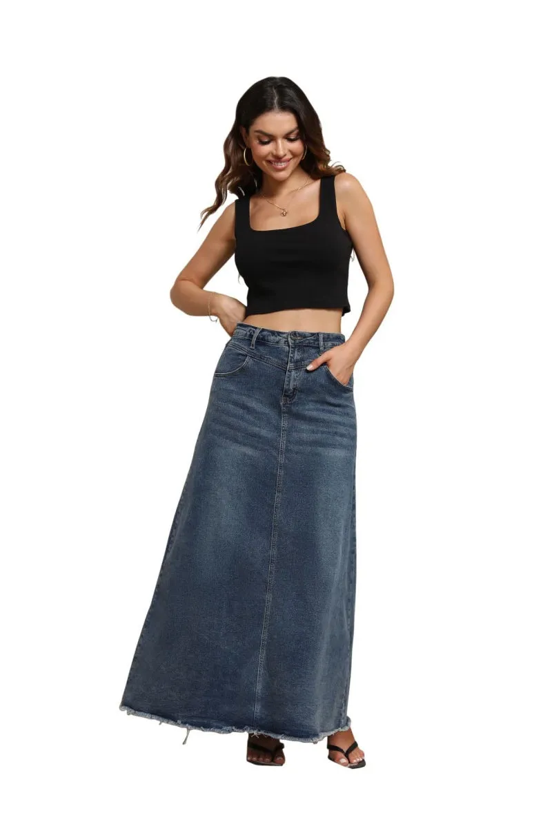 Chouyatou Women Vintage Denim Maxi Skirt Frayed Raw Hem High Waist A-Line Long Jean Skirt