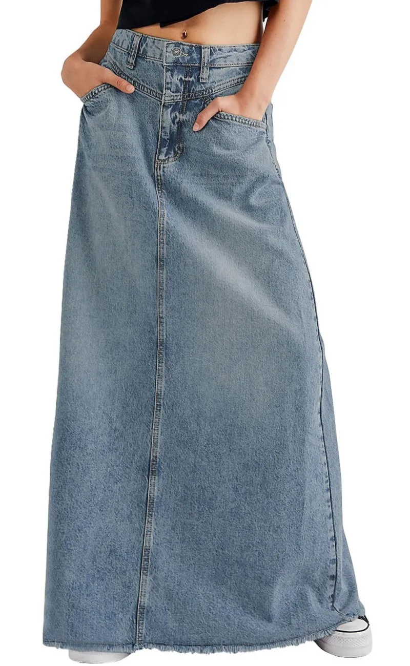 Chouyatou Women Vintage Denim Maxi Skirt Frayed Raw Hem High Waist A-Line Long Jean Skirt