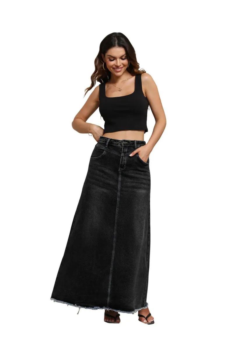 Chouyatou Women Vintage Denim Maxi Skirt Frayed Raw Hem High Waist A-Line Long Jean Skirt
