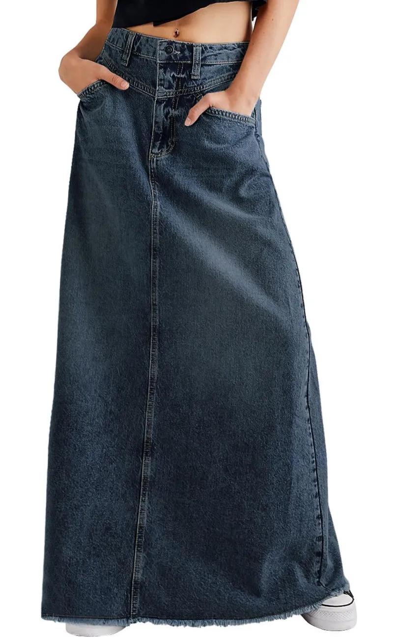 Chouyatou Women Vintage Denim Maxi Skirt Frayed Raw Hem High Waist A-Line Long Jean Skirt