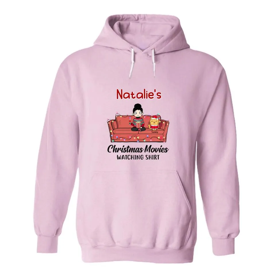 Christmas Movie Watching Girl And Cat Personalized Graphic Apparel - Girl, Cats and Names can be customized