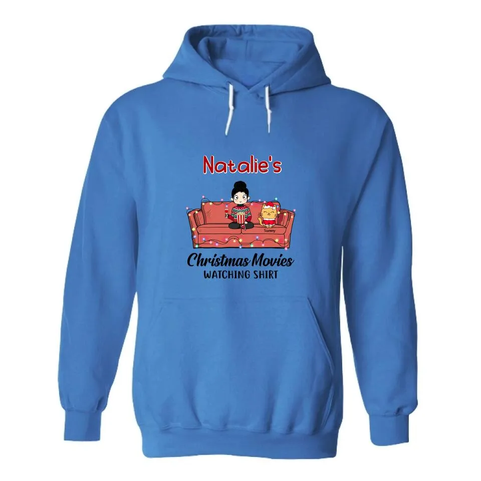 Christmas Movie Watching Girl And Cat Personalized Graphic Apparel - Girl, Cats and Names can be customized