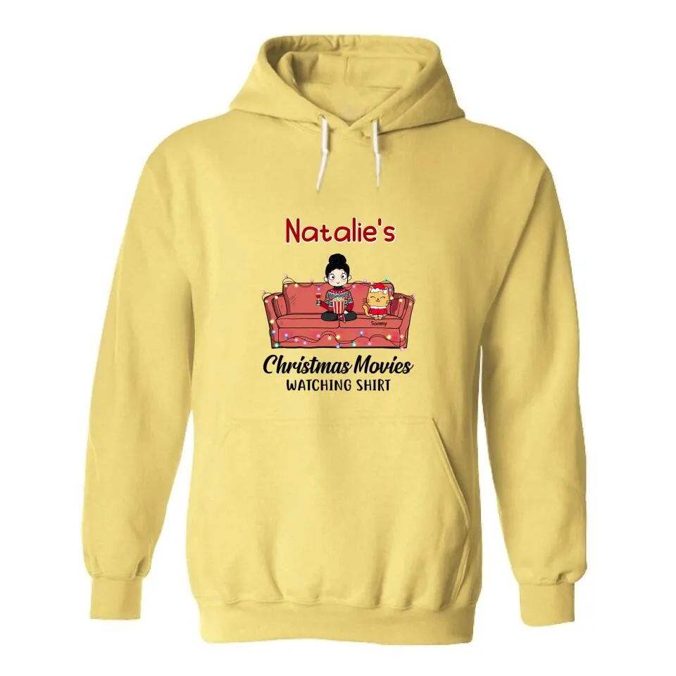 Christmas Movie Watching Girl And Cat Personalized Graphic Apparel - Girl, Cats and Names can be customized