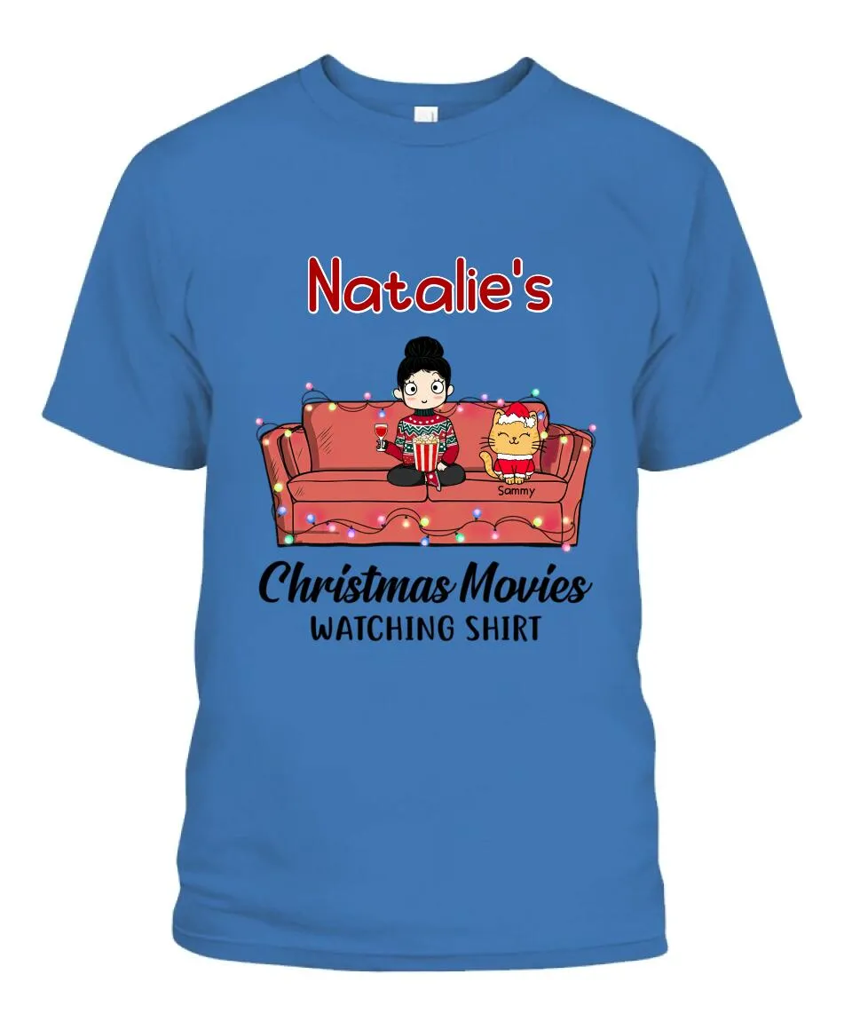 Christmas Movie Watching Girl And Cat Personalized Graphic Apparel - Girl, Cats and Names can be customized