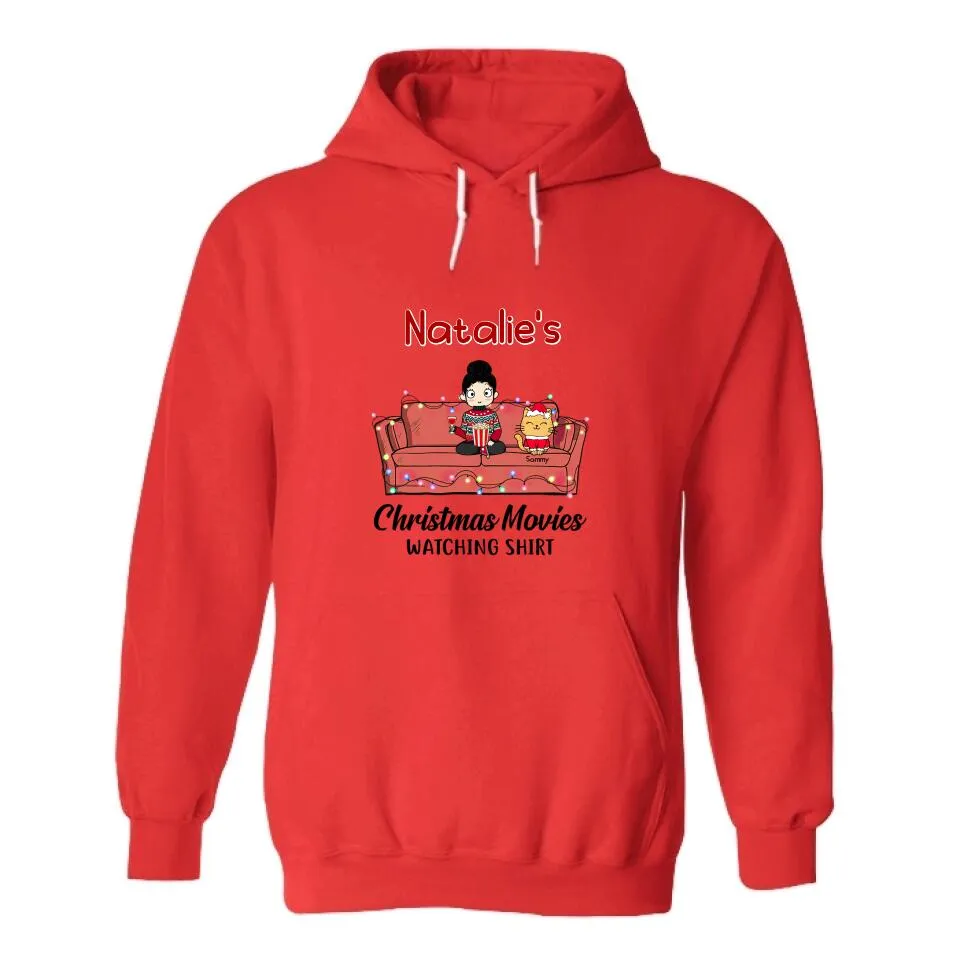 Christmas Movie Watching Girl And Cat Personalized Graphic Apparel - Girl, Cats and Names can be customized