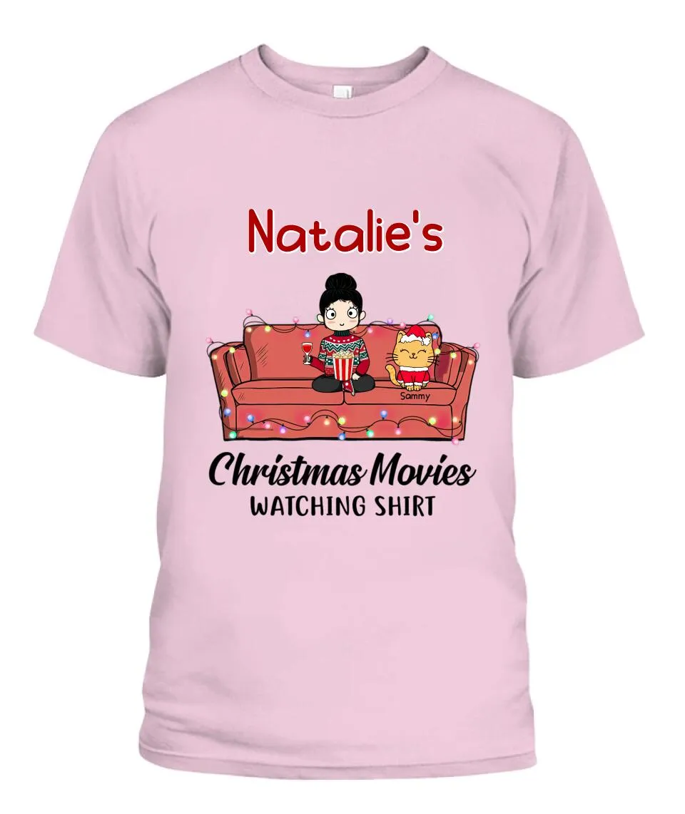 Christmas Movie Watching Girl And Cat Personalized Graphic Apparel - Girl, Cats and Names can be customized