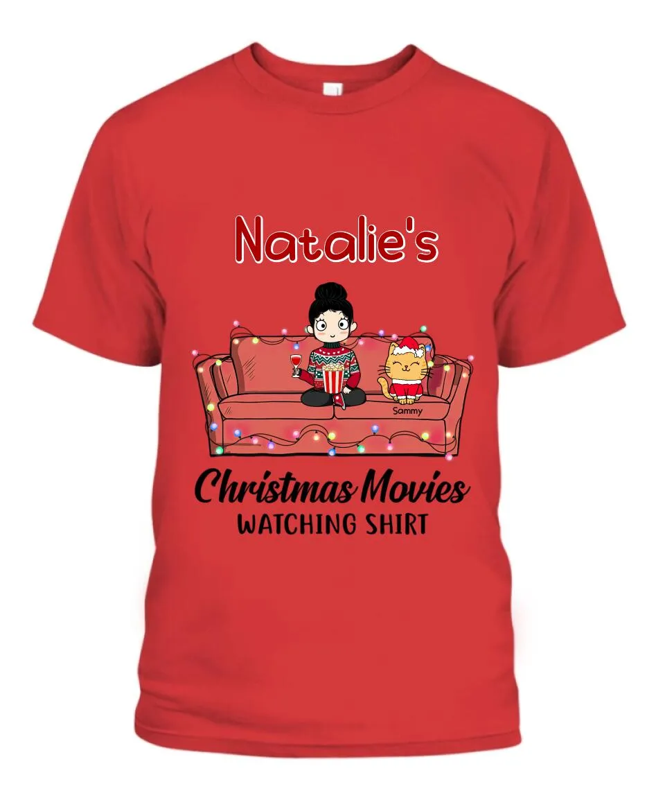 Christmas Movie Watching Girl And Cat Personalized Graphic Apparel - Girl, Cats and Names can be customized