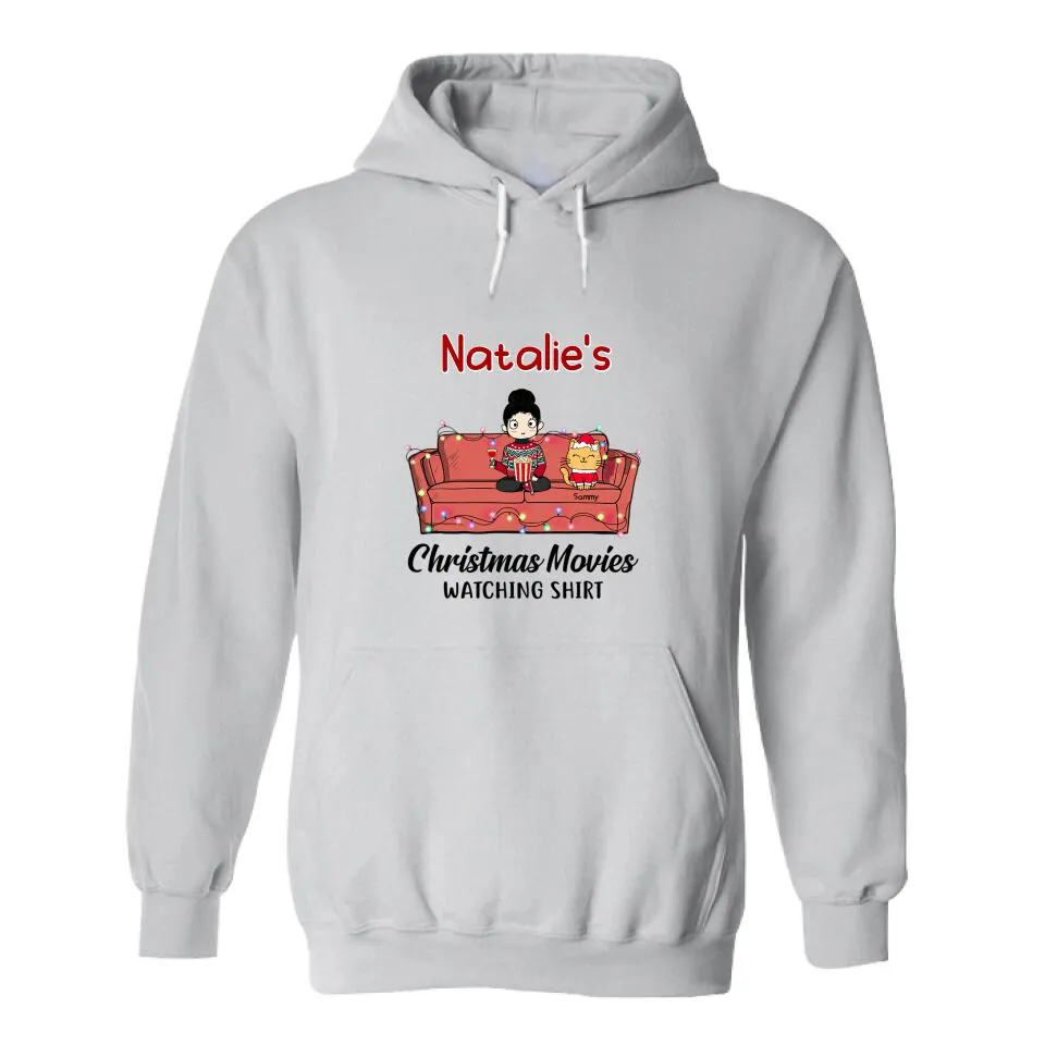 Christmas Movie Watching Girl And Cat Personalized Graphic Apparel - Girl, Cats and Names can be customized