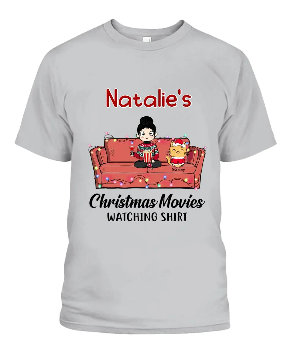 Christmas Movie Watching Girl And Cat Personalized Graphic Apparel - Girl, Cats and Names can be customized