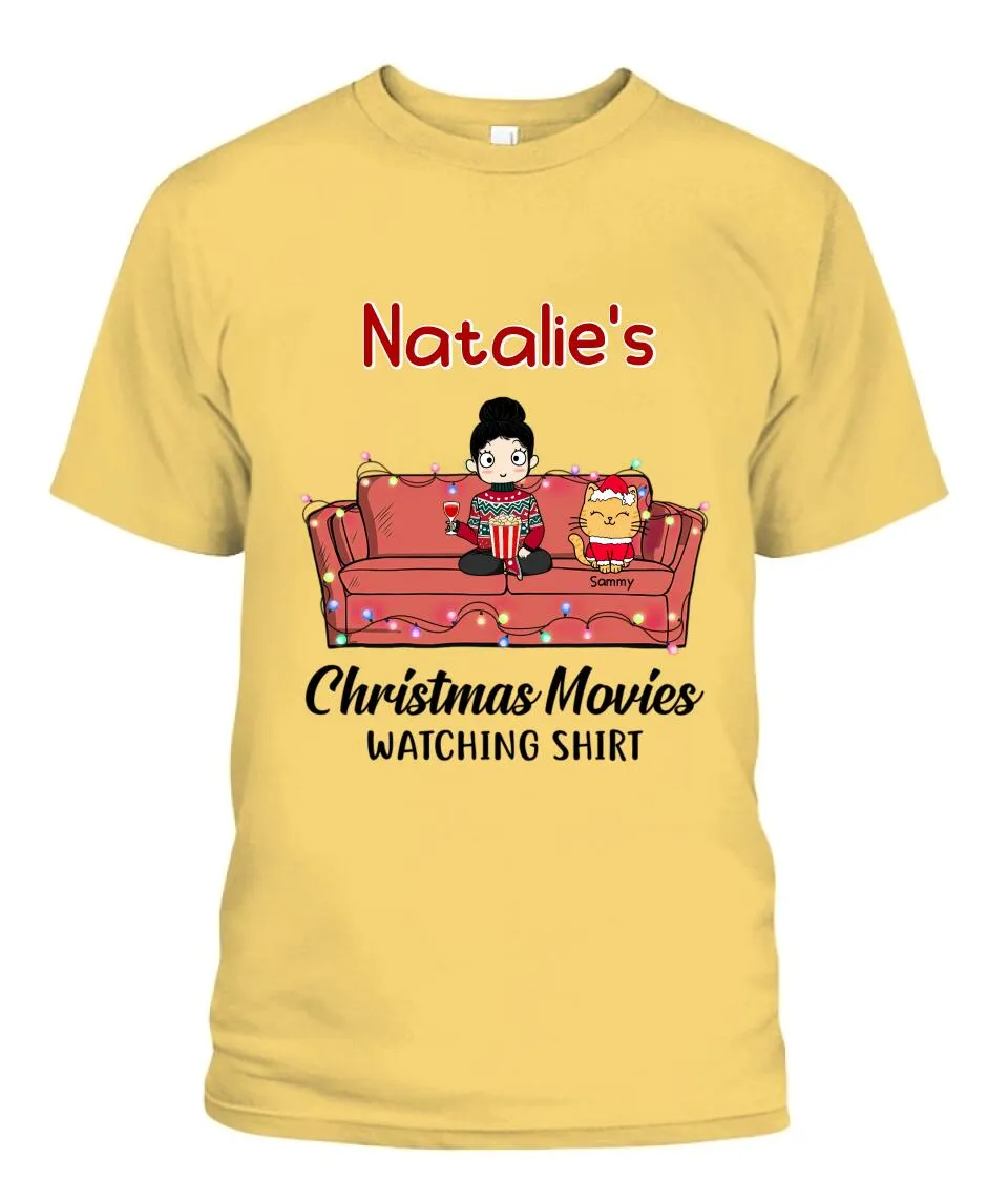 Christmas Movie Watching Girl And Cat Personalized Graphic Apparel - Girl, Cats and Names can be customized