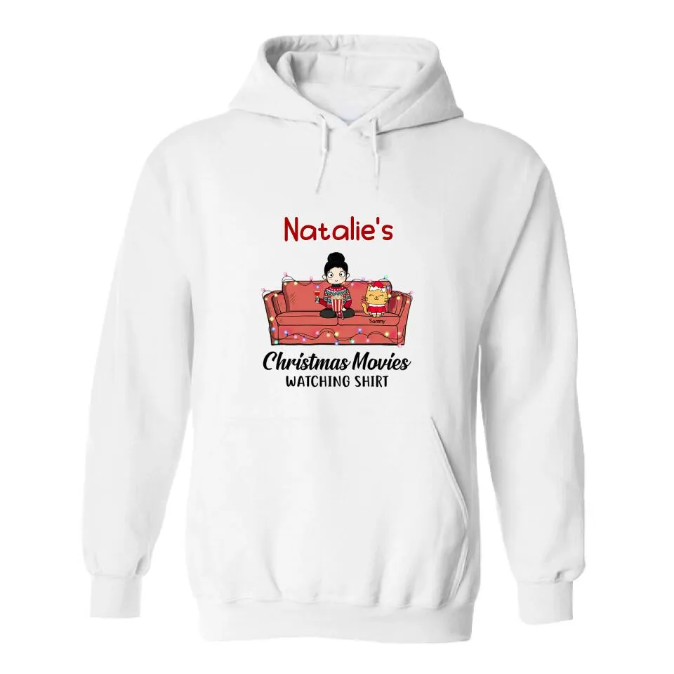 Christmas Movie Watching Girl And Cat Personalized Graphic Apparel - Girl, Cats and Names can be customized