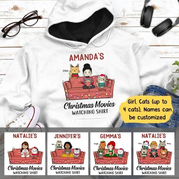 Christmas Movie Watching Girl And Cat Personalized Graphic Apparel - Girl, Cats and Names can be customized
