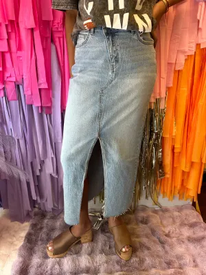 Claudia Crossover Denim Maxi Skirt: Medium