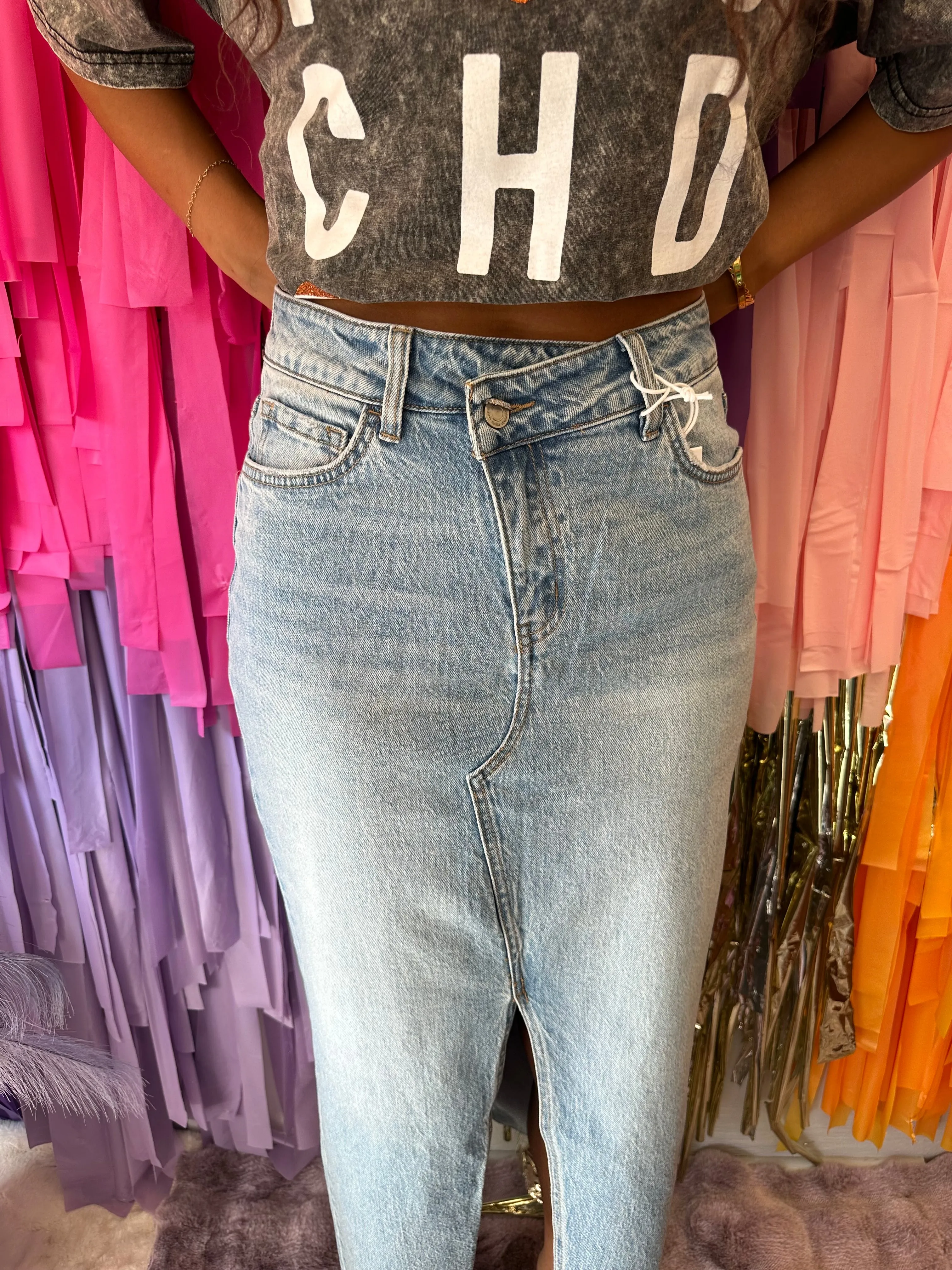 Claudia Crossover Denim Maxi Skirt: Medium