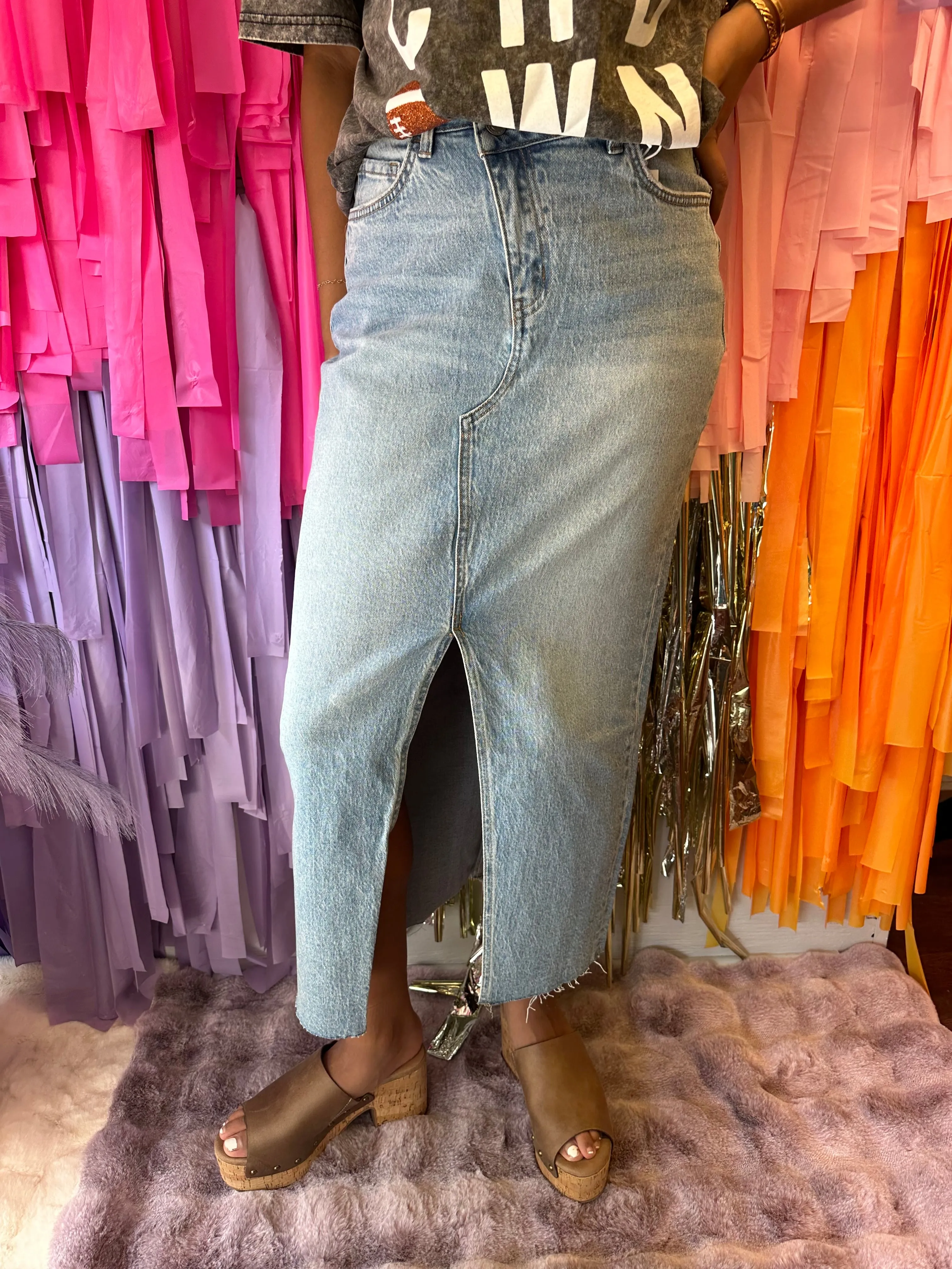 Claudia Crossover Denim Maxi Skirt: Medium