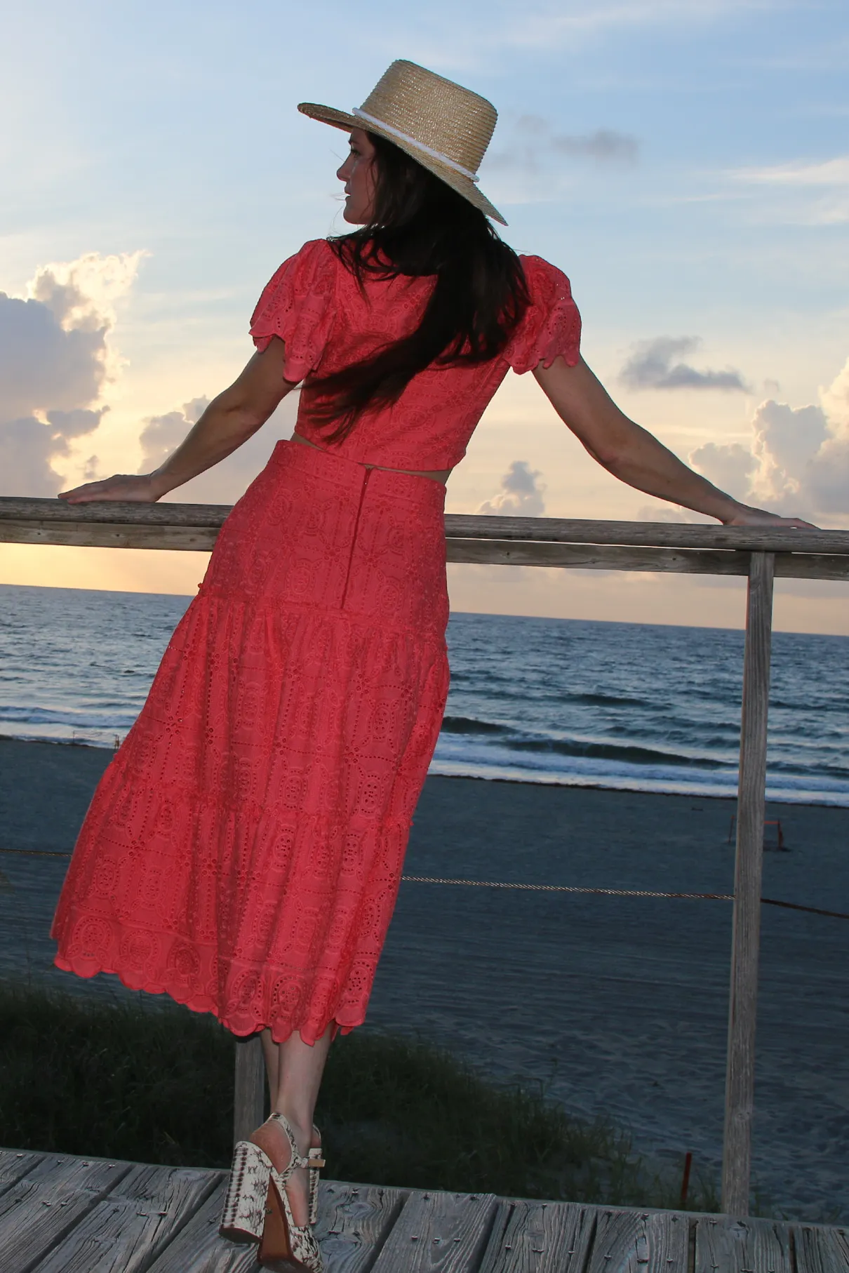 Coral Embroidered Eyelet Midi Skirt