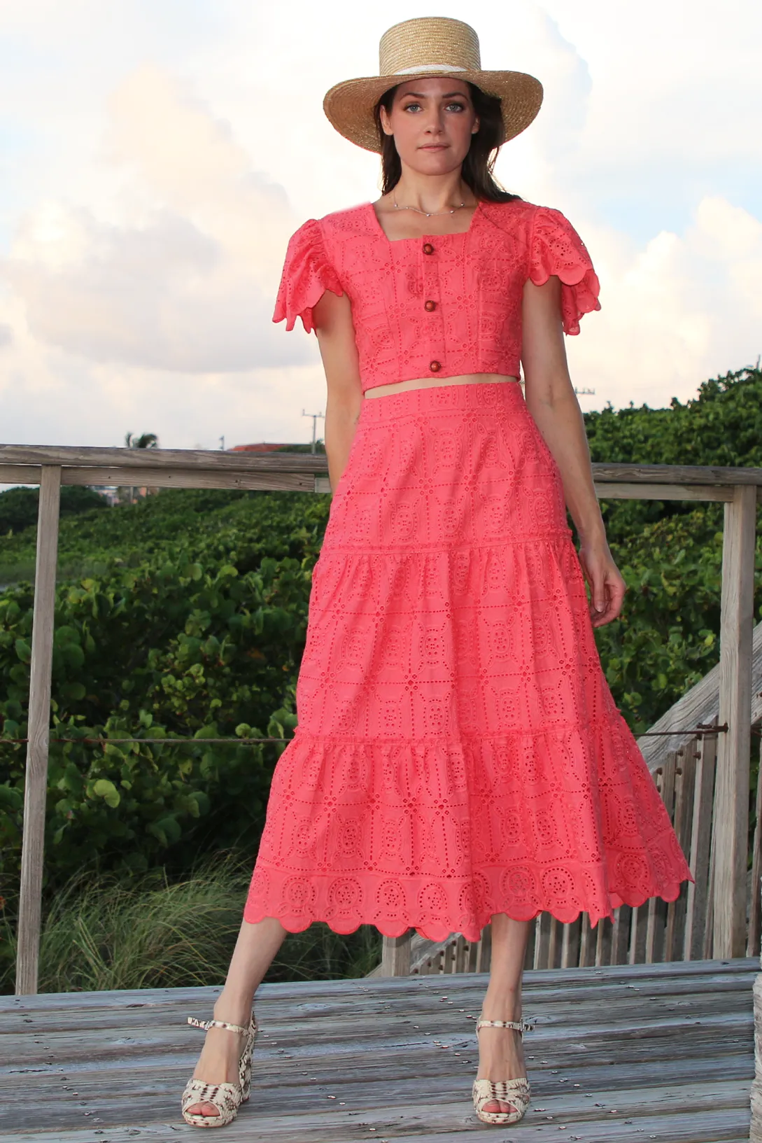 Coral Embroidered Eyelet Midi Skirt