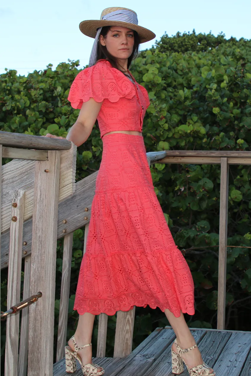Coral Embroidered Eyelet Midi Skirt