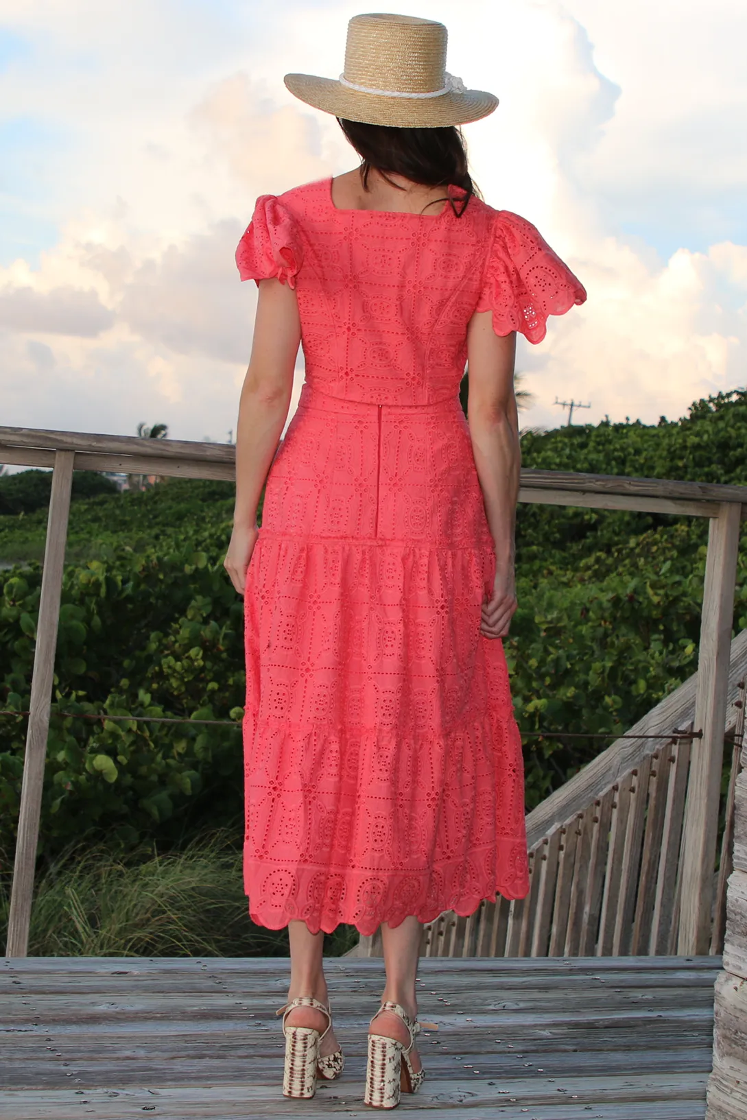 Coral Embroidered Eyelet Midi Skirt
