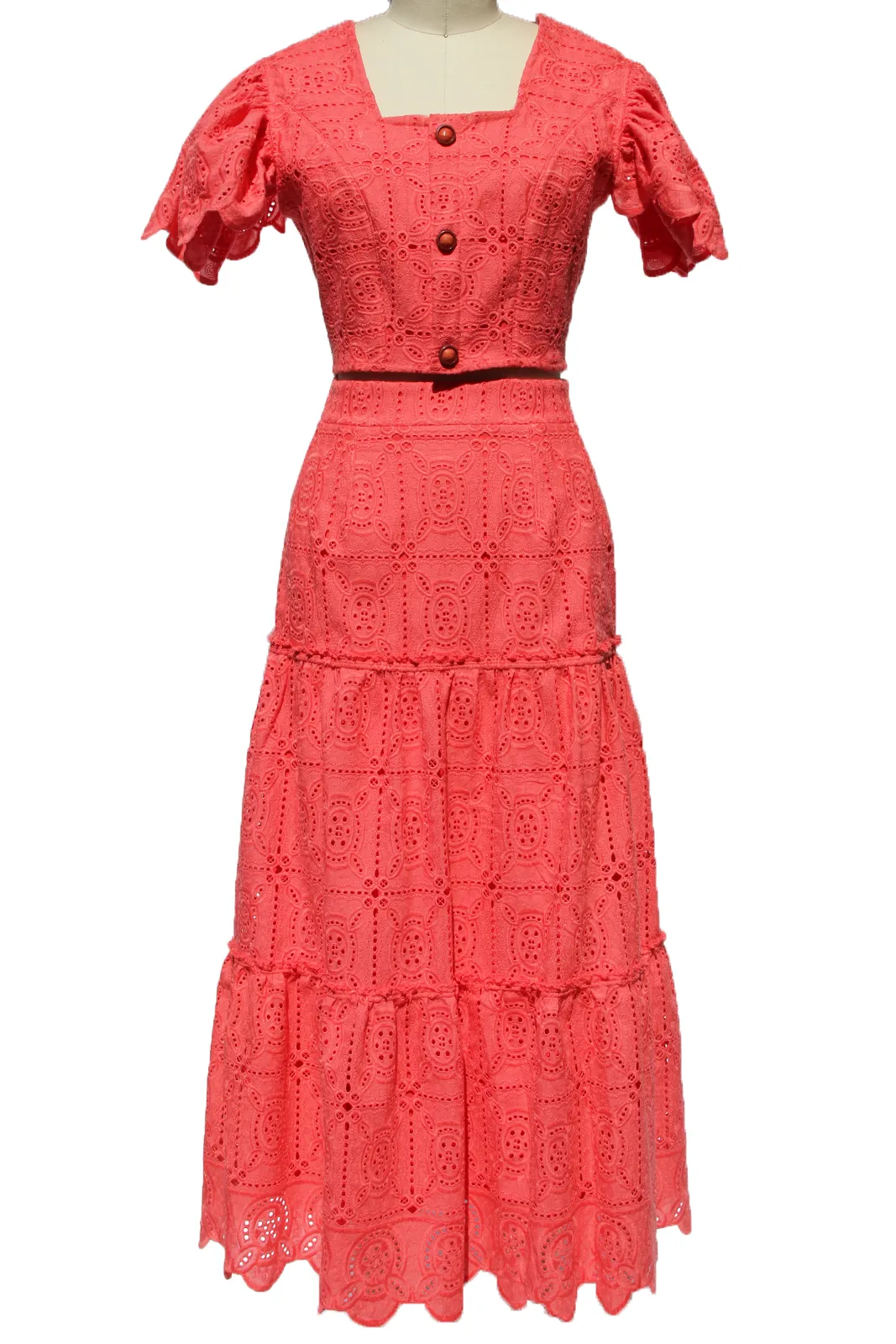 Coral Embroidered Eyelet Midi Skirt
