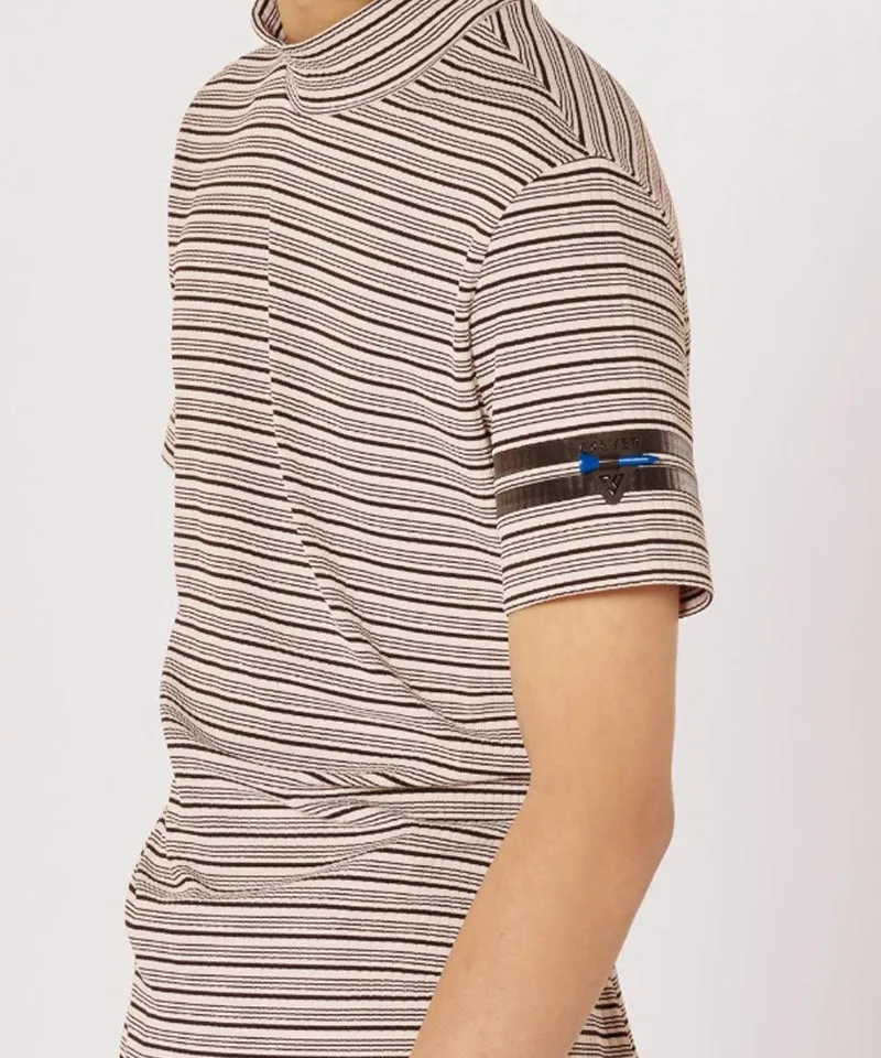 CREVE NINE: Men's Striped Mock Neck T-Shirt - Beige