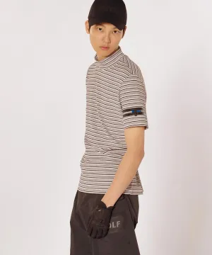 CREVE NINE: Men's Striped Mock Neck T-Shirt - Beige