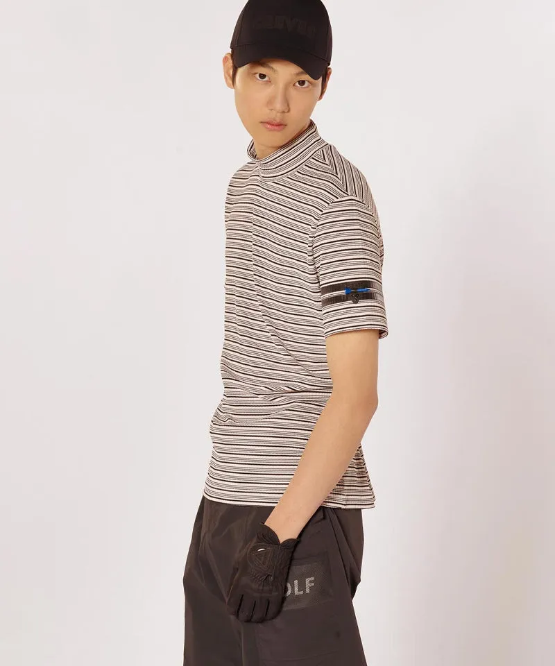 CREVE NINE: Men's Striped Mock Neck T-Shirt - Beige