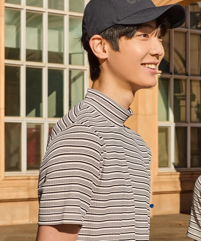 CREVE NINE: Men's Striped Mock Neck T-Shirt - Beige