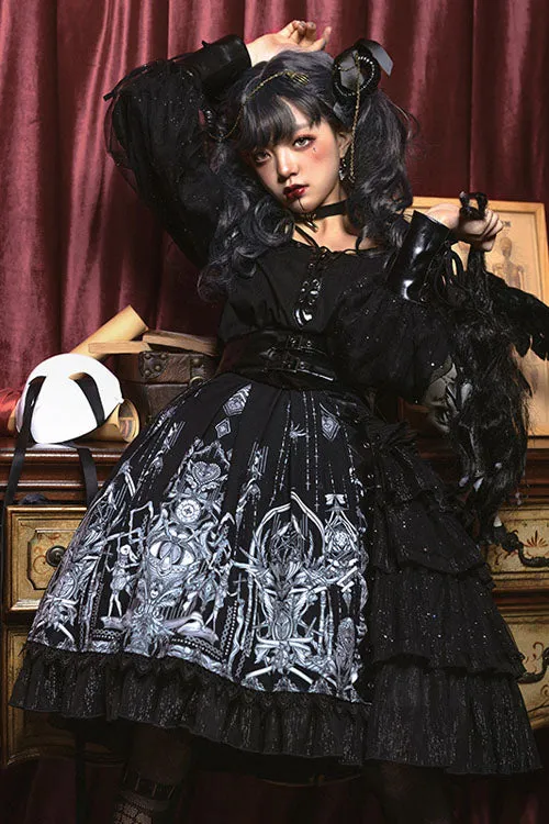 Dark Black Eye Of Red Heart Print High Waisted Gothic Lolita Skirt Dress