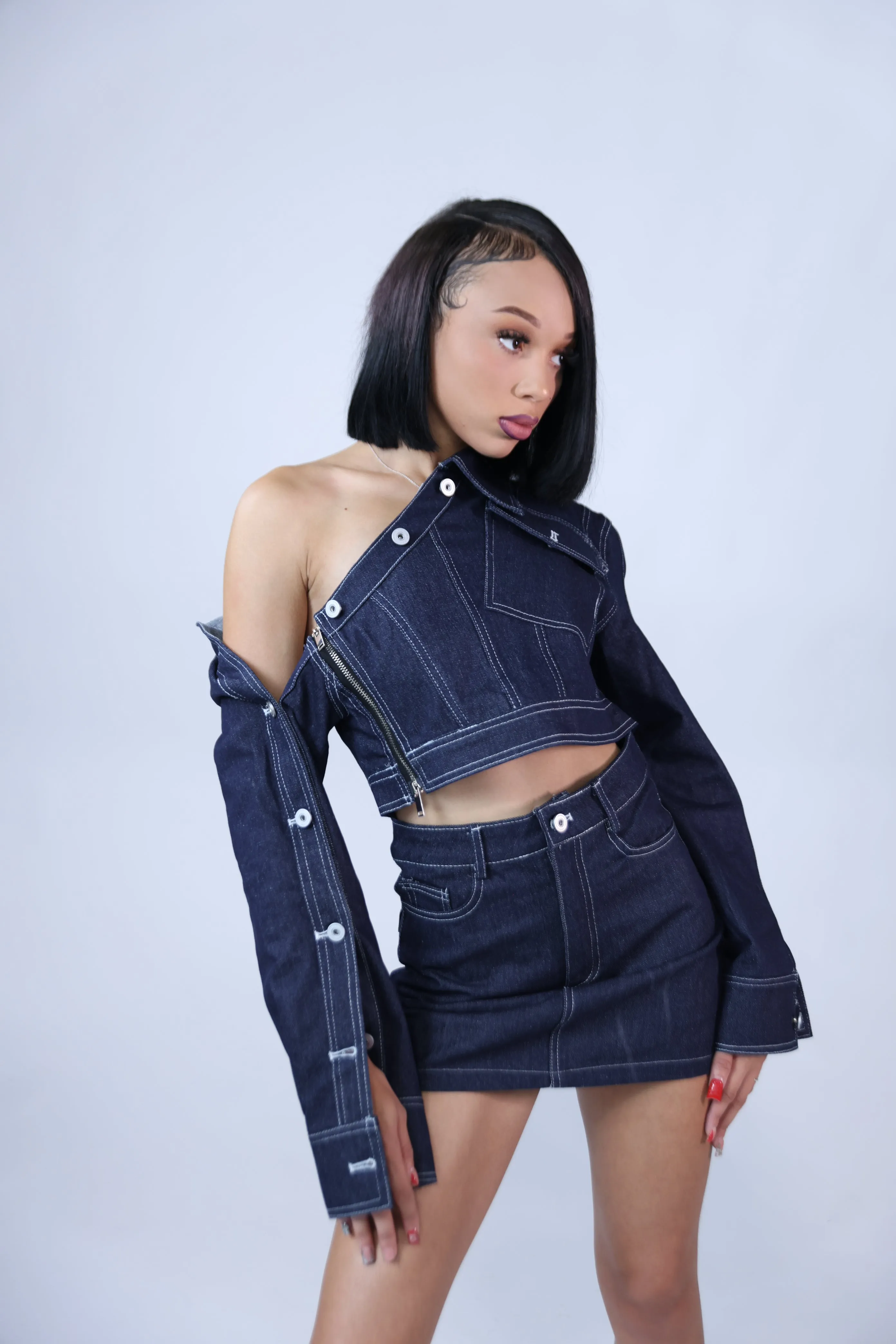 Dark Denim 2 Piece Crop Jacket And Skirt Set