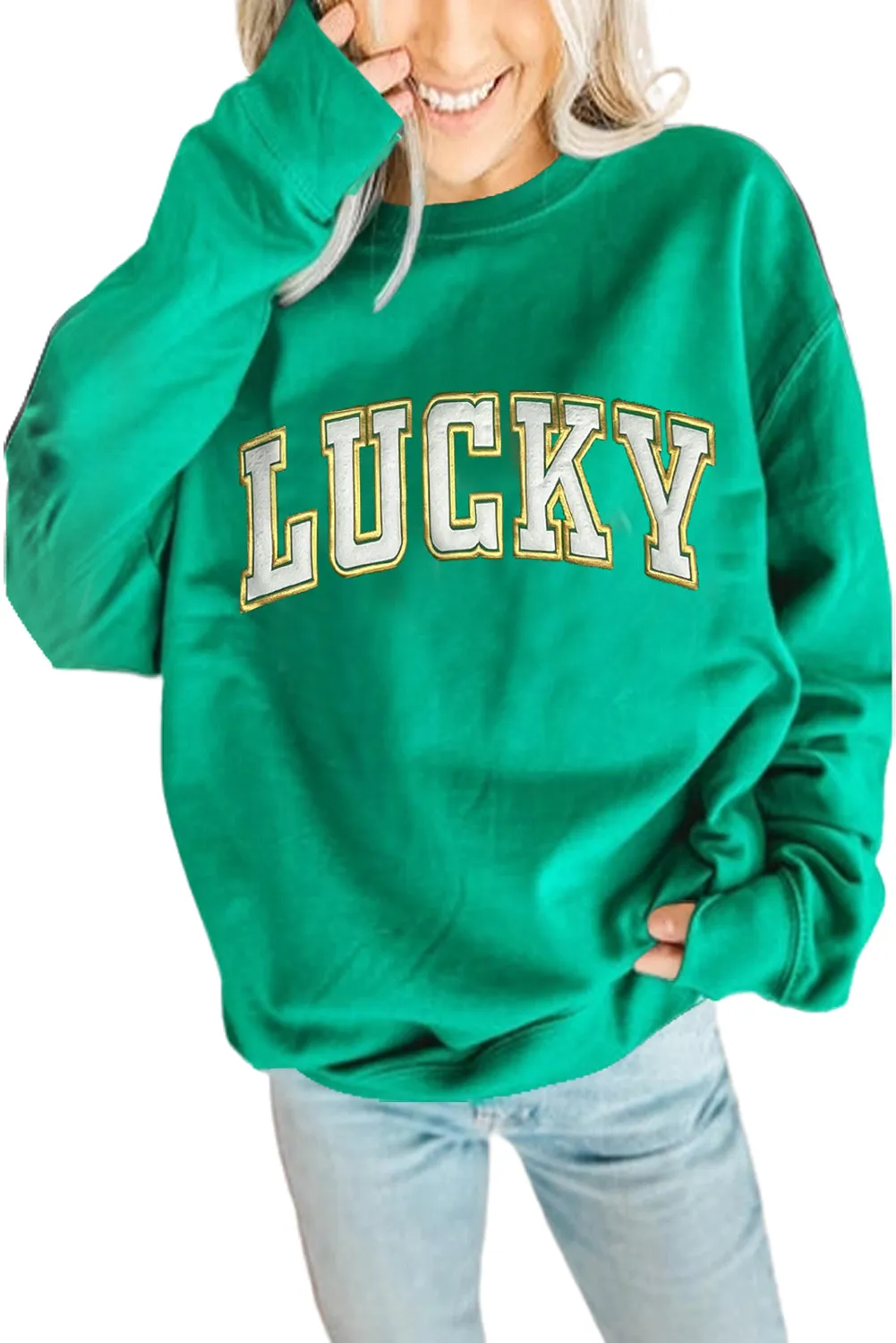 Dark Green LUCKY Graphic Pullover Sweatshirt