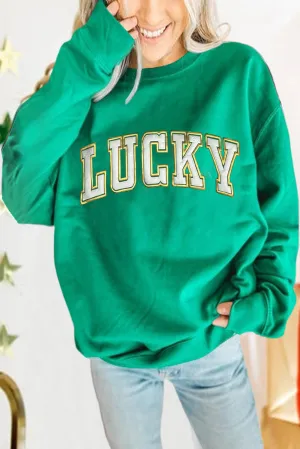 Dark Green LUCKY Graphic Pullover Sweatshirt