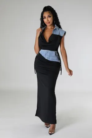 denim maxi shirt detail 2pc set