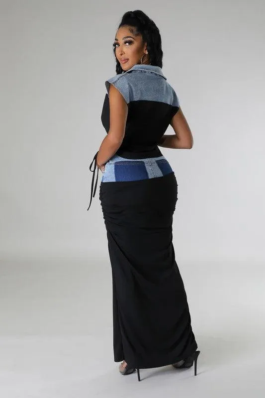 denim maxi shirt detail 2pc set