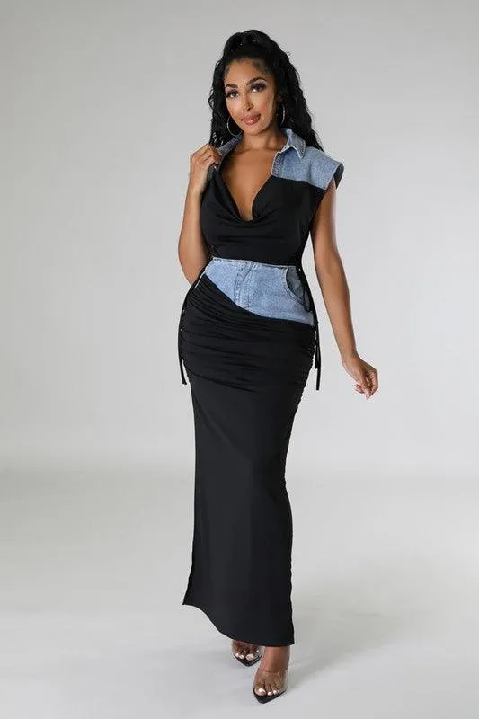 denim maxi shirt detail 2pc set