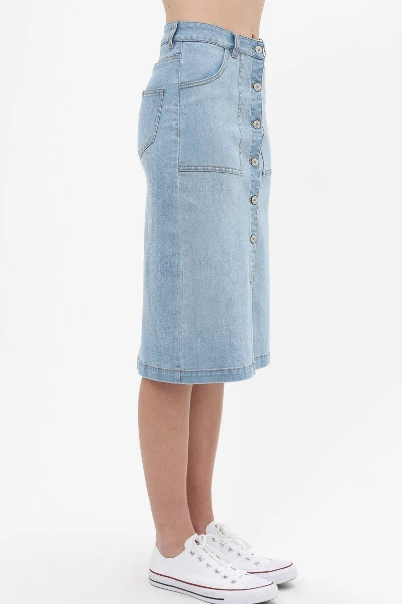 Denim Mid Thigh Length Skirt With Button Down Front Detail