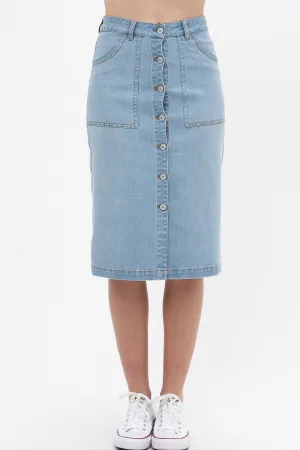 Denim Mid Thigh Length Skirt With Button Down Front Detail