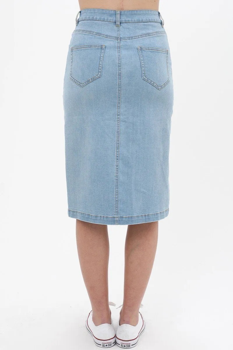 Denim Mid Thigh Length Skirt With Button Down Front Detail